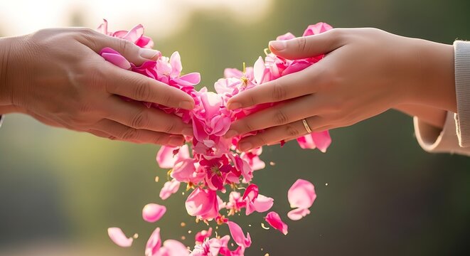 Two hands holding and sprinkling pink rose petals in air out side