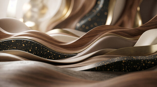 Abstract Luxury 3D Wavy Layers with Wood Grain Gold Accents and Speckled Stone Textures in a Sophisticated Modern Design