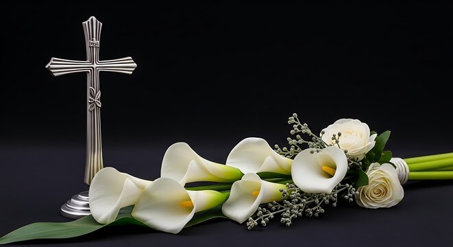 White calla lilies and roses with a silver cross on black background