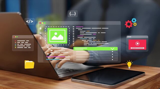 Low Code No Code Development. Virtual Coding, AI Automation, AI Software, Cloud Computing. Professional use AI to Develop Apps, Website with Minimum Coding Skills on Laptop Virtual Screen.3D Video
