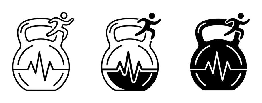 3 Fitness icons, kettlebell workout symbols, outline solid styles, UI and web interface design