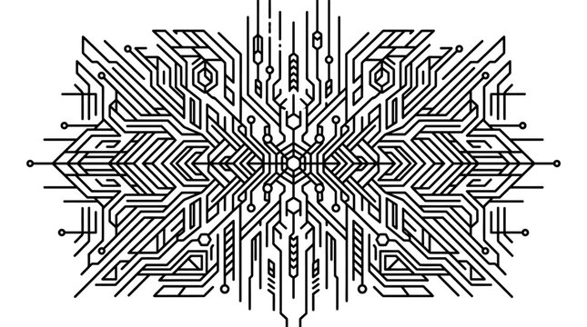 Black and white circuit board design resembling a snowflake on a plain background illustration.