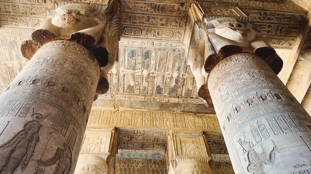 Beautiful vaults and bas-reliefs in the ancient temple complex of Dendera, Qena, Egypt.
