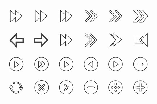 Minimal flat arrow icons set with play pause controls