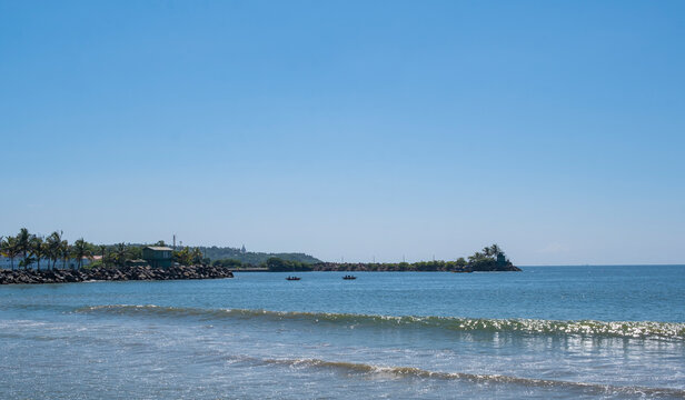 Scenic ocean view from Galle towards Unawatuna headland and Rumassala hill in Sri Lanka.
