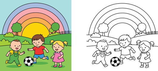 Obraz premium Cartoon happy children playing soccer on a green field with rainbow background side by side with coloring book page vector illustration
