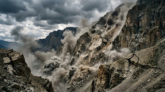 Massive rockslide cascading down a rugged mountain slope