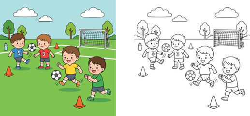 Fototapeta premium Kids soccer training coloring book page with colored sample vector, children playing football and practicing with cones and balls on outdoor field near goal post