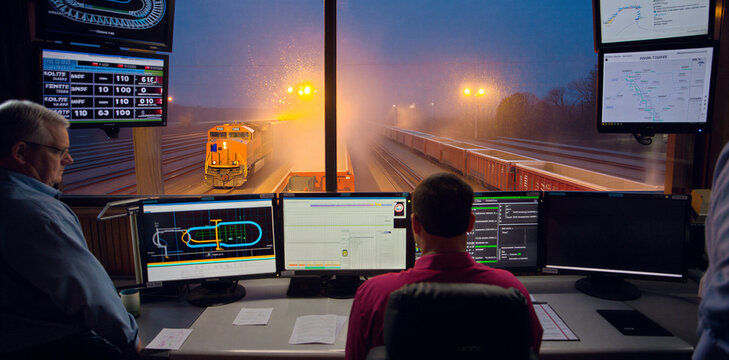 Railroad traffic controllers monitoring freight train movement from a command center control tower at twilight with railroad controllers monitoring logistics transport industry technology