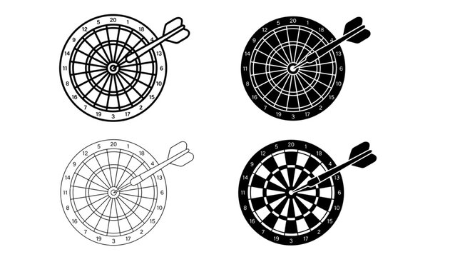 Four black and white dartboard illustrations with flying arrows vector graphics for sports design