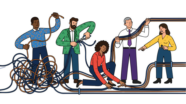 Diverse corporate team streamlining complex enterprise infrastructure and optimizing digital workflows in a modern flat design vector illustration