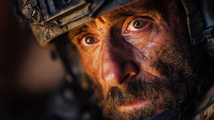 Obraz premium Dirt smudges his face, sweat glistens under helmet's edge. Eyes narrow, focused-wariness, resolve, exhaustion etched in gaze. Headgear secured, rugged, weathered-combat-ready, unyielding