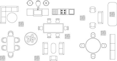 Set of elements for interior furniture design, top view floor plan icons, collection of living room and dining room layouts, essential CAD blocks for architects © Grecia
