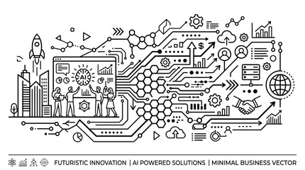 Obraz premium Business people work on futuristic AI solutions with innovation and technology in a minimal vector illustration.