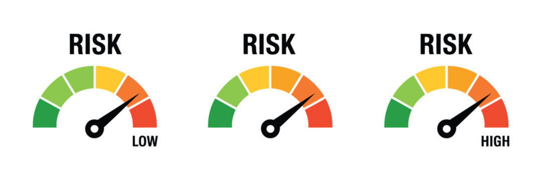 Risk meter icon set scale low medium high risk speedometer gauge concept, minimum to maximum indicator dashboard style vector illustration isolated on a white background for business and analytics 