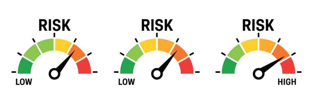 Risk meter icon set with minimum to maximum level indicators, speedometer gauge dashboard elements, and low to high risk measurement concepts isolated on a clean white background vector illustration.
