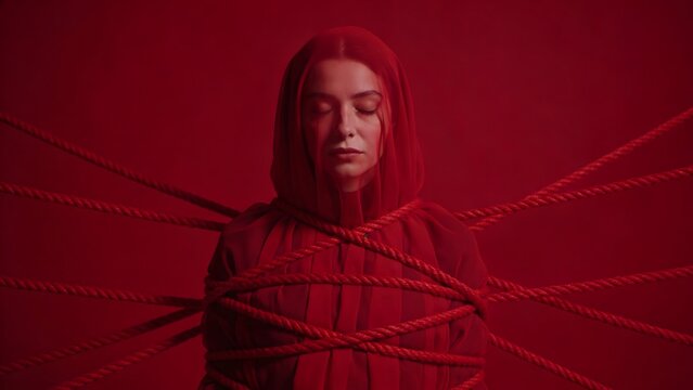 A young woman with closed eyes wearing a red hood is bound by multiple ropes against a solid red background, evoking conceptual themes of confinement, inner peace, and restraint.