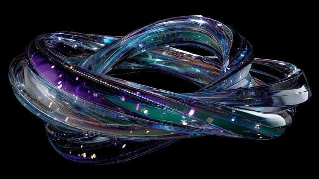 Shimmering glass swirls float against a stark black void. Iridescent hues dance in fluid motion, like liquid light. Bursts of violet, teal, and gold reflect off curved surfaces