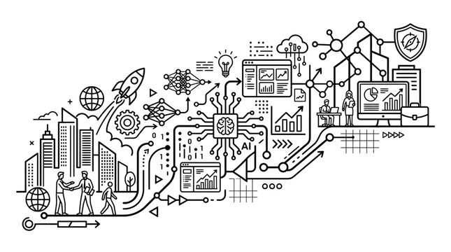 Business professionals analyze data in a modern city with technology and innovation elements.