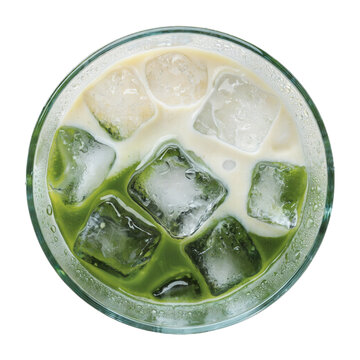 Top view of an isolated glass of iced matcha latte with distinct green tea and milk layers, swirling ice cubes, and condensation droplets, realistic soft shadows, transparent cutout PNG background, ul