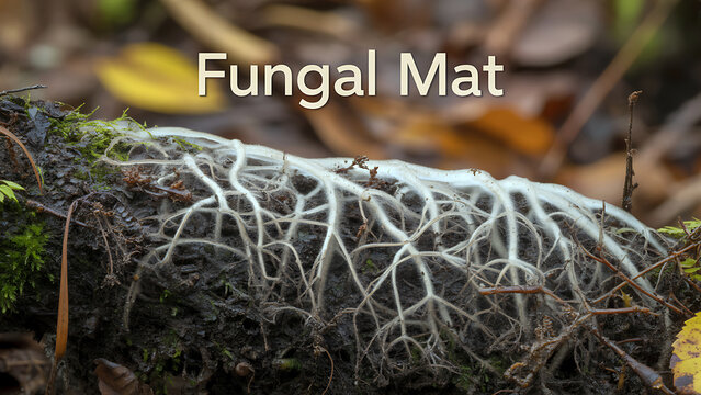 Fungal mycelium network on decaying wood log with moss and leaves in forest ecosystem  Fungal growth and decomposition process in nature  Mycelium strands spreading on wood surface
