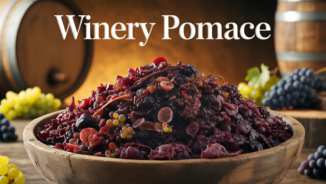 Winery pomace in a wooden bowl with grapes and barrels in the background