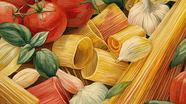 Watercolor illustration of pizza ingredients in full frame composition, dense overlapping dough, tomatoes, cheese, basil and mushrooms with warm italian tones.