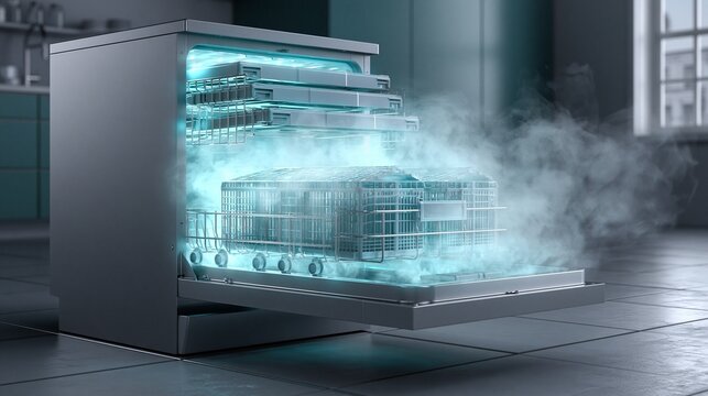 Softly lit polished dishwasher in a sleek institutional kitchen with warm steam gently escaping as detailed trays glide inward showcasing a modern gray and teal color scheme.