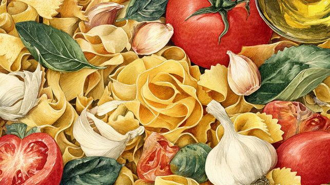 Watercolor illustration of pizza ingredients in full frame composition, dense overlapping dough, tomatoes, cheese, basil and mushrooms with warm italian tones.