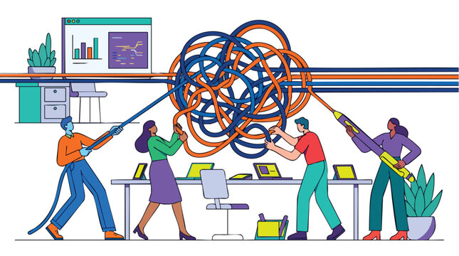 Diverse agile team simplifying complex workflows and data infrastructure to achieve operational excellence and strategic clarity in a modern corporate environment