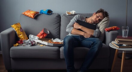 Obraz premium A man sleeps on a gray couch surrounded by junk food and trash in a messy living room