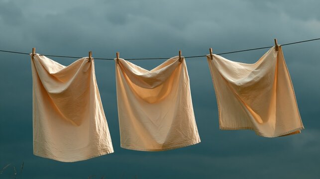 Cream cotton sheets gently drying on a clothesline