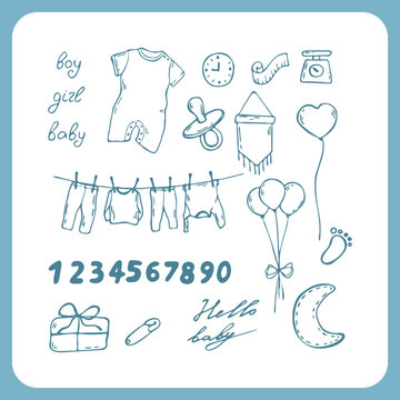 Cute Baby Milestones Doodle Elements for Cards and Posters &ndash; Hello World, Newborn, First Steps-Hand Drawn Vector Set
