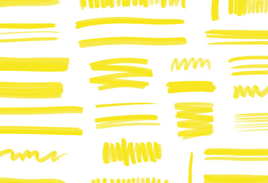yellow highlight marker lines, highlighters pen acid strokes with underline brush effects, scribble permanent marker textures and neoteric modern stationery design elements.