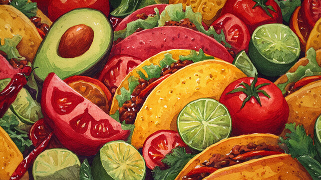 Watercolor illustration of taco ingredients in full frame composition, dense overlapping tortillas, beef, chili, tomato, avocado and lime with vibrant mexican tones.