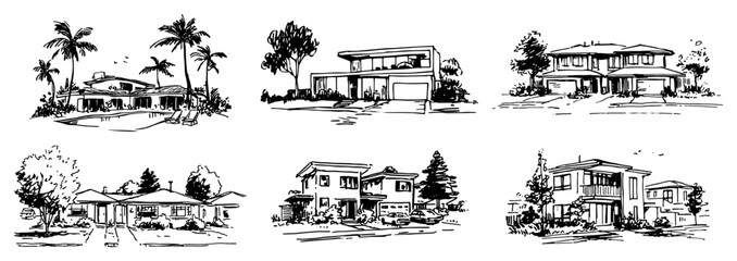 Fototapeta premium Modern suburban houses and contemporary luxury villas in hand drawn architectural sketch style