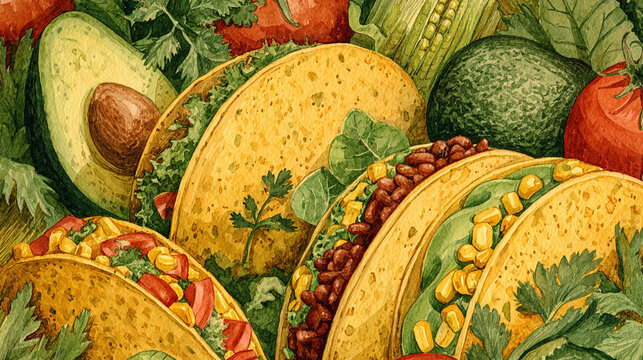 Watercolor illustration of vegetarian taco ingredients in full frame composition, dense overlapping tortillas, beans, avocado, corn and tomato with vibrant mexican tones.