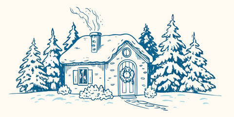 Cozy cottage illustration with snowy trees hand drawn blue ink style © Raben