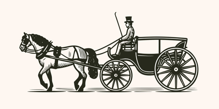 Horse drawn carriage silhouette illustration with driver vintage style