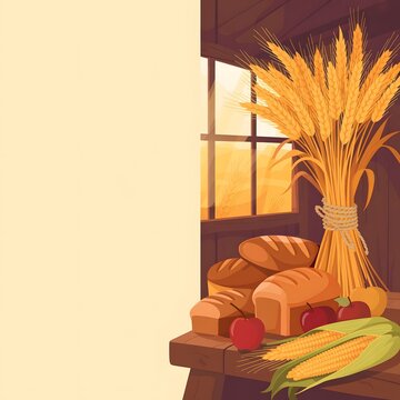 Harvest bounty on a rustic wooden table. A bundle of wheat stalks tied with twine stands beside loaves of bread, apples, and corn on the cob. Sunlight streams through a nearby window.