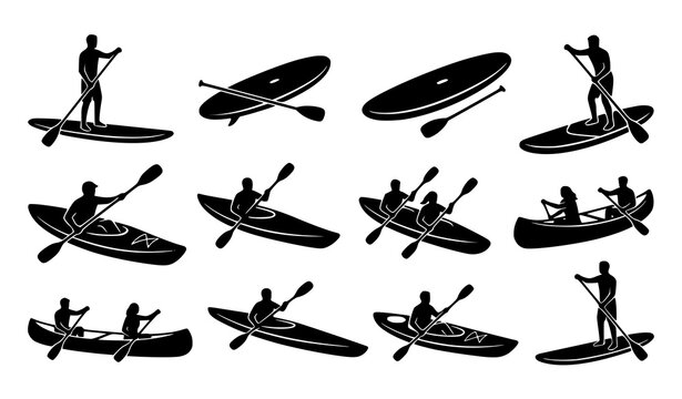 Paddleboard Kayak and Canoe Silhouette Vector Set Water Sports Illustration Collection