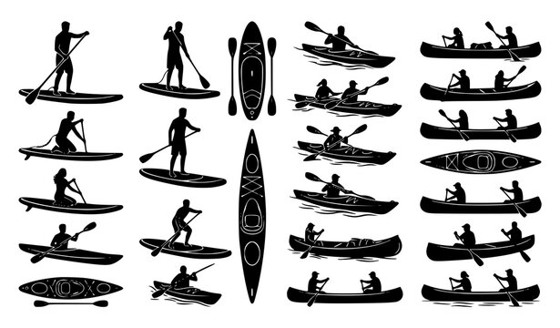 Water Sports Paddleboard Kayak Canoe Silhouette Vector Set Adventure Recreation Collection