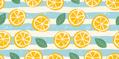 Lemon and mint leaf floral pattern with pastel blue and cream tones © Raben