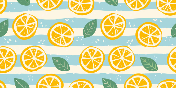 Lemon and mint leaf floral pattern with pastel blue and cream tones