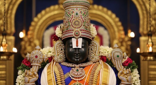 Ornate golden idol of lord venkateswara adorned with precious jewels and flowers in a traditional temple setting