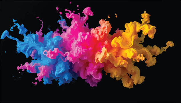 Colorful pink blue and yellow paint clouds swirling in dark liquid with blooming abstract explosion underwater artistic creative background colorful backdrop experiment spectrum