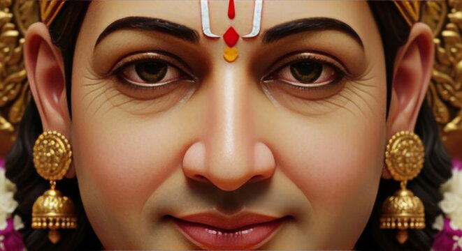 Close up portrait of lord venkateswara deity featuring ornate golden jewelry and traditional tilak markings