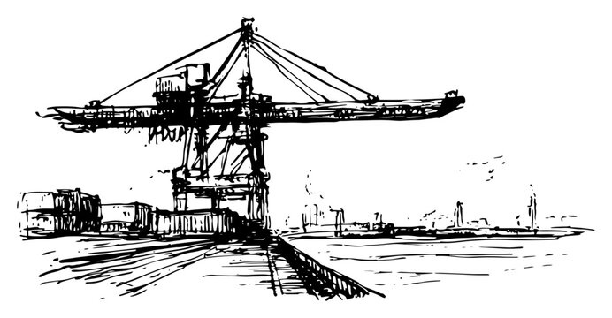 Port cargo crane and industrial harbor dock facility in architectural sketch style