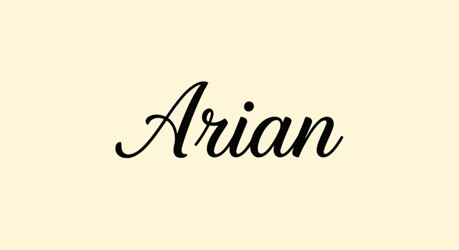 The male name Arian written in a decorative black cursive script font, centered on a solid cream colored background. Minimalist calligraphic lettering for personalized branding.