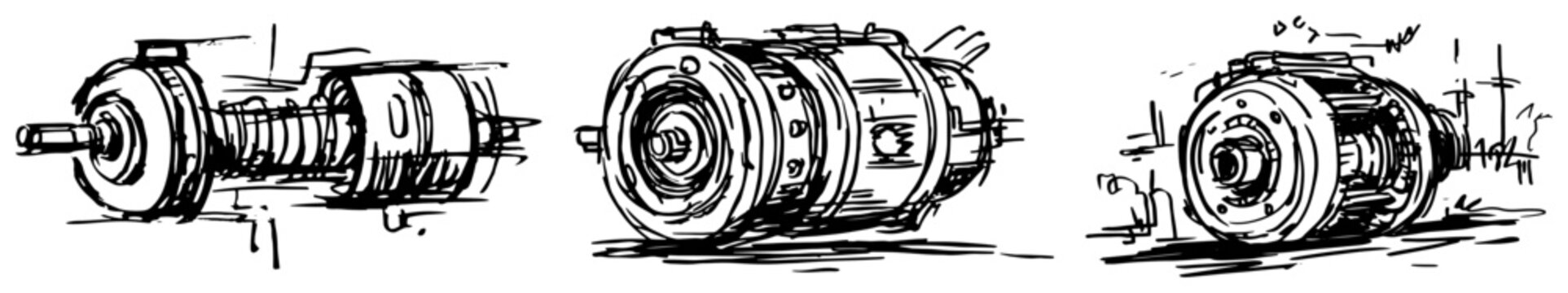 Electric motors and industrial mechanical components collection in ink sketch style